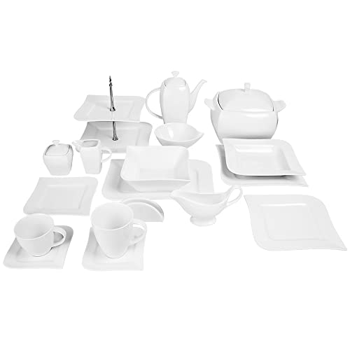AMBITION Kombiservice 12 Personen Porzellan Welle 104-teilig Tafelservice weiß mit Serviergeschirr und Kaffeebecher geschwungene Form von AMBITION