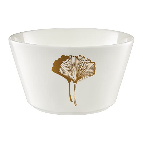 AMBITION Salatschale weiß 14 cm Müslischale Porzellan rund 740 ml goldene Verzierung botanisches Retro Muster Selene Ginkgo von AMBITION