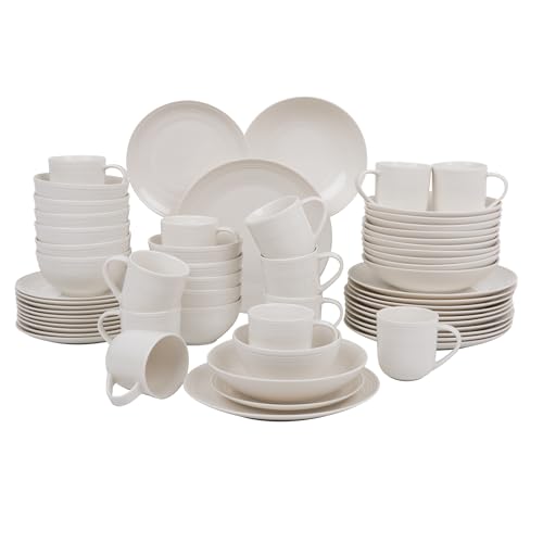 AMBITION Tafel und Kaffeeservice 12 personen Linea 60-teilig Porzellan Teller Tassen Schalen dezente Linien Spülmaschine & Mikrowelle weiß von AMBITION