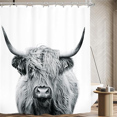 AMBZEK Duschvorhang, Kuh, 183 x 183 cm, Stier, Westernhochland-Kuh, Portrait, Rinder, Bauernhaus, Tiere, niedliche Skizze, milchgrau, weiß, Stoff, Badezimmerdekor-Set mit 12 Haken von AMBZEK