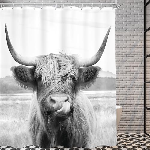 AMBZEK Farmhouse Highland Cow Duschvorhang 152 x 183 cm (B x L x L), rustikales Stierporträt, wildes Tier, lustig, Westernland, Natur, Kunstwerk, Stoff, wasserdichtes Polyester, Badezimmer-Dekor-Set von AMBZEK