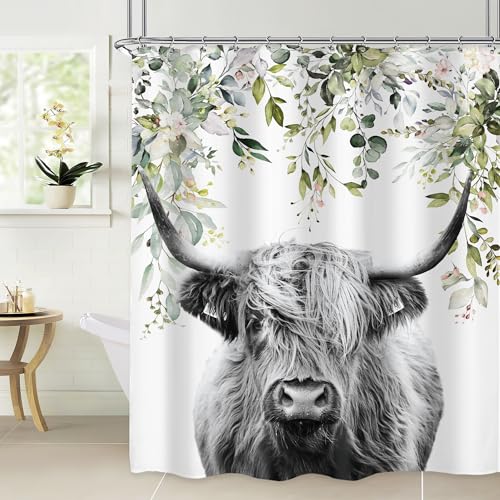 AMBZEK Highland Cow Duschvorhang 152x183 cm (BxL), lustiges Bull-Landhaus, westliches Bauernhaus, rustikale Eukalyptusblätter, Pflanzen, Kunstwerk, Stoff, Polyester, Badezimmer-Dekor-Set mit 12 Haken von AMBZEK