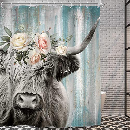 AMBZEK Highland Cow Duschvorhang 152x183 cm (BxL), rustikaler Bauernhaus-Stier mit Girlande, westliche Holzplanken, ländliches Blumenmuster, Stoff, Polyester, Badezimmer-Dekor-Set mit 12 Haken von AMBZEK
