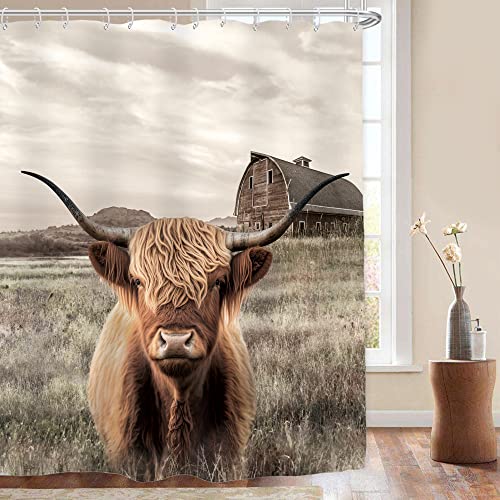 AMBZEK Highland Cow Farmhouse Duschvorhang 152x183 cm (BxL), rustikaler Stier, westlicher Bauernhof, Tier, Land, Longhorn, Texas, Kunstwerk, Stoff, Polyester, Badezimmer-Dekor-Set mit 12 Haken von AMBZEK