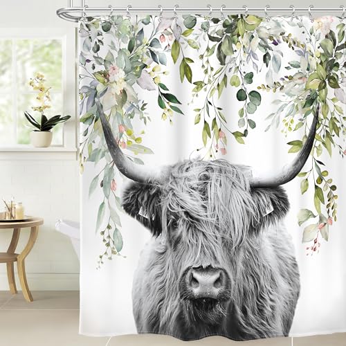 AMBZEK Highland Kuh Duschvorhang 183 x 183 cm Bauernhaus Rustikal Lustig Stier Eukalyptus Blätter Pflanzen Western Country Kunstwerk Stoff Wasserdicht Polyester Badezimmer Dekor Set mit 12 Haken von AMBZEK