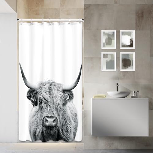 AMBZEK Kleiner Duschvorhang mit Highland-Kuh-Motiv, 91 x 183 cm, Westernbull, Einzelbett, Wohnmobil, Bauernhaus, Rinder, Land, lustiges Kunstwerk, Stoff, wasserdichtes Polyester, Badezimmer-Dekor-Set von AMBZEK