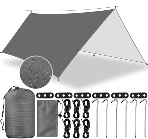 AMCHLEL Tarp 3x3M Wasserdicht, Zeltplane Camping Zelt Tarp mit Ösen Nylonseile Bodenspieß, Ultraleicht Tragbare UV Schutz Camping Zeltplane für Camping, Picknick, Hängematte, Outdoor Aktivitäten von AMCHLEL