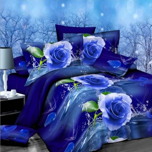 AMCYT Blaue Rosenbettwäsche Bettwäsche 135x200 3D Romantische Blume rote Blaue,Bedruckte Bettwäsche Tröster Set Romantische Blume Bettbezug (Blaue1,135x200cm/50X75cm) von AMCYT