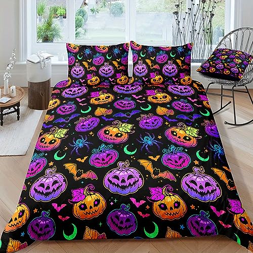 AMCYT Skull Bedding Set Halloween Duvet Cover Set 3D Skull Pattern Printed Pumpkin/Lantern/Spider 3 Piece for Kids Teen Boys Girls (Halloween4,135x200cm/80x80cm) von AMCYT