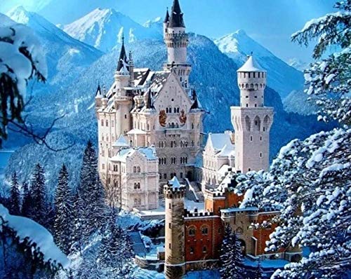 AMDPH Schloss Neuschwanstein im Winter 5D Diamantmalerei Kunstwerk rund Diamant Vollbohrdekoration und Geschenke Familienspiele voller Herausforderungen von AMDPH