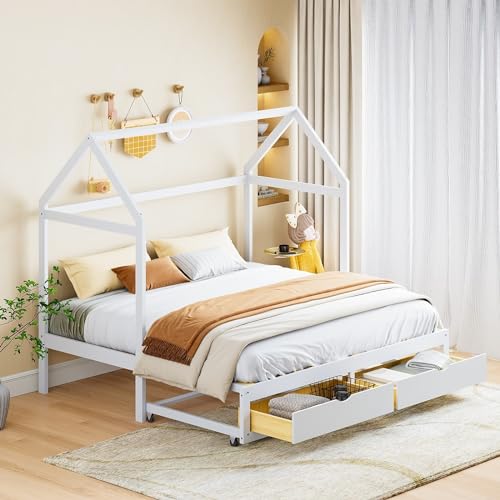AMDXD Ausziehbares Kinderbett, Schlafsofa 90/180 x 190 cm mit Schubladen und Lattenrost, Bett aus Kiefernholz mit Stauraum, Weiß von AMDXD