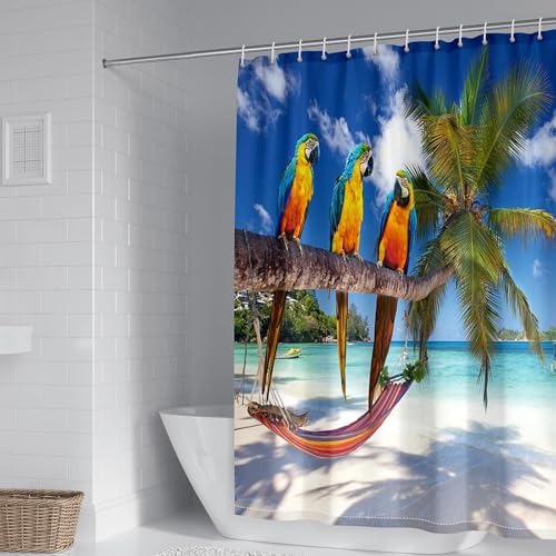 AMDXD Blau Grün Beige Duschvorhang Motiv, Polyester Bad Vorhang Palmenbaum Papagei Hängematte am Strand, Duschvorhang Badewanne mit Duschvorhangringen, 180x200cm AMDXD Blau Grün Beige Duschvorhang Motiv, Polyester Bad Vorhang Palmenbaum Papagei Hängematte am Strand, Duschvorhang Badewanne mit Duschvorhangringen, 180x200cm von AMDXD