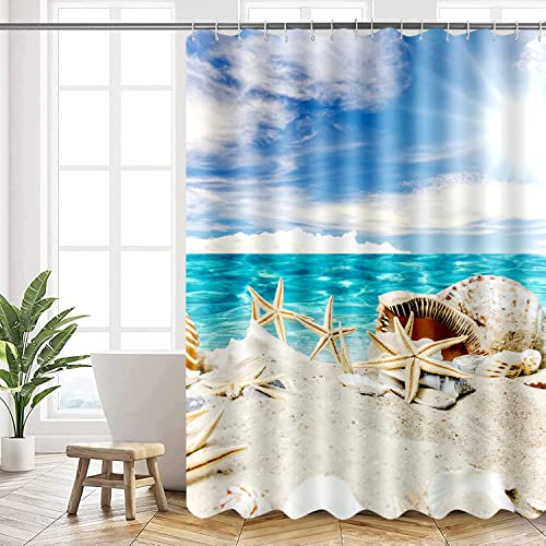 AMDXD Duschvorhang 120 x 180 cm, Wasserdicht Duschvorhang Seestern Strand für Badezimmer, Textil Waschbarer Badvorhang, Antischimmel Antibakteriell, Inklusive 12 Duschvorhangringen von AMDXD