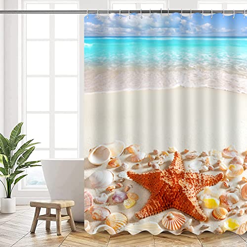 AMDXD Duschvorhang 120x200 cm Boho Style, Modern Abstrakt Strand Seestern Muscheln Waschbar Duschvorhänge Polyester Textil Wasserdicht Duschvorhang für Badewanne mit 12 Haken von AMDXD