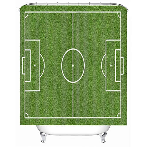 AMDXD Duschvorhang 165x200cm, Fußball Feld Bad Vorhang aus Polyester Stoff mit 12 Duschvorhangringen, für Badewanne Badezimmer Nassraum, Waschbar, Schnelltrocknend, Anti-Schimmel, Grün 65X79″ von AMDXD