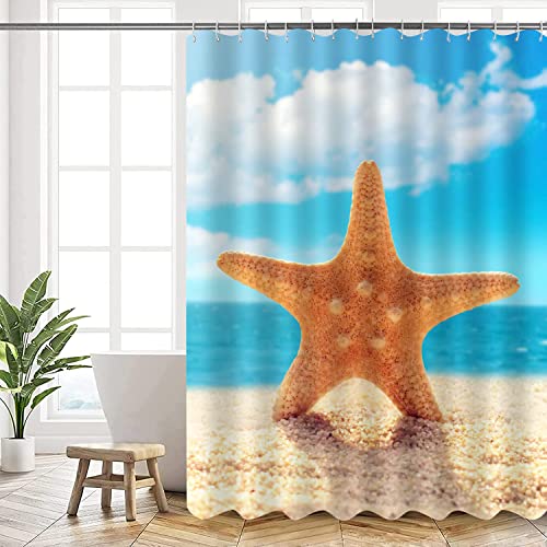 AMDXD Duschvorhang Textil Anti-schimmel Waschbar Wasserdicht Badvorhang 3D-Druck Strand Seestern Vorhang aus Polyester Stoff Blau 120x180cm mit 12 Duschvorhangringen von AMDXD