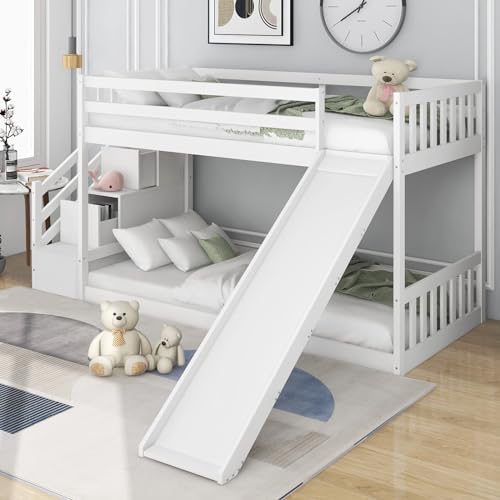 AMDXD Etagenbett mit Treppe und Rutsche, Rahmen aus massivem Kiefernholz, Hausbett Hochbett Kinderbett mit 2 Schubladen in der Treppe, 90x200cm, Weiß von AMDXD