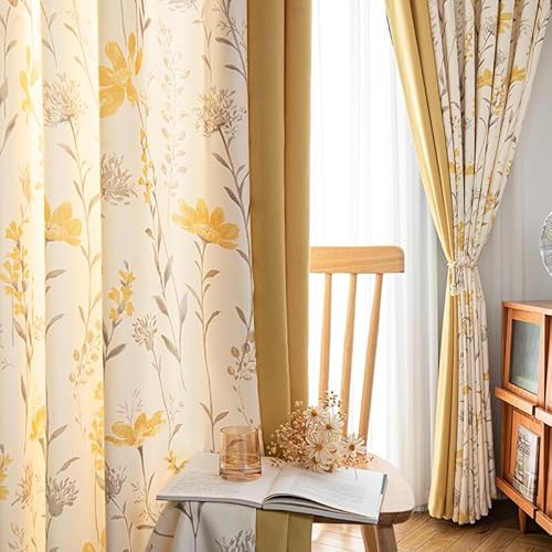 AMDXD Gelb Gardine Vorhänge mit Kräuselband, Blatt und Blumen Muster Vorhänge Muster Polyester, 132x214CM(BxH) von AMDXD