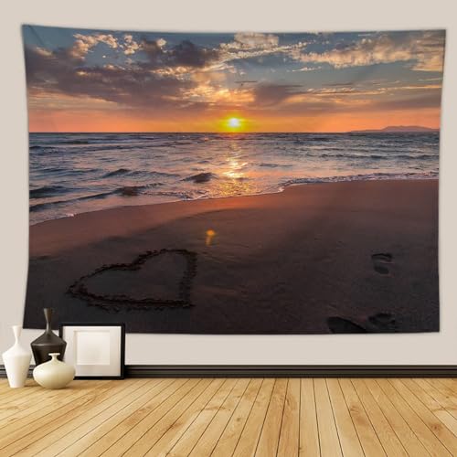 AMDXD Herz Strand Sonnenuntergang Wandteppich, Tapisserie Wandteppich aus Polyester, 3D Drucken Heimdekorationen, Bunt, 230x150cm von AMDXD