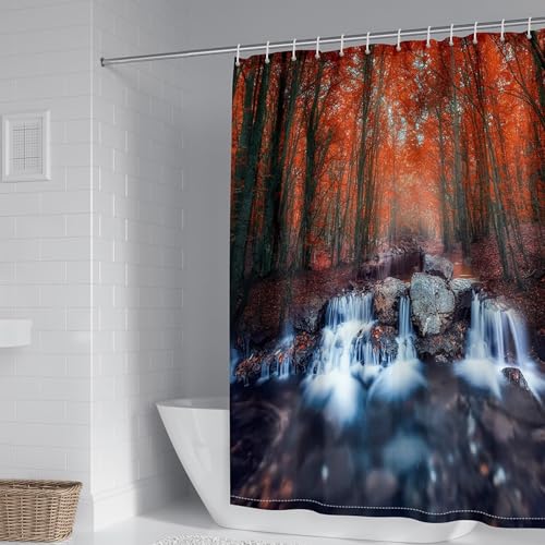 AMDXD Orange Duschvorhang Badewanne 180x180cm, Polyester Duschvorhänge Wasserfall Baum Wald Dschungel, Textil Stoff Badvorhang mit Duschvorhangringen von AMDXD