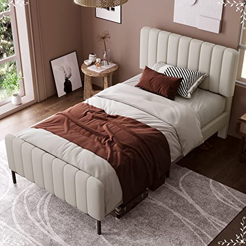 AMDXD Polsterbett Einzelbett 90 x 200 cm, Bettgestell mit Lattenrost und Verstellbares Kopfteil, Gepolstertes Bett in Beige, Bettrahmen Jugendbett für Schlafzimmer Gästezimmer - Leinenmaterial von AMDXD