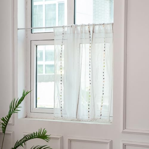 AMDXD Scheibengardine Voile 1er Pack, Einfarbig Streifen mit Pompons Weiß Bunt Bistrogardine Landhaus, Rod Pocket Garn Transparente Fenster Vorhang Fenster Vorhänge, 132x45cm von AMDXD