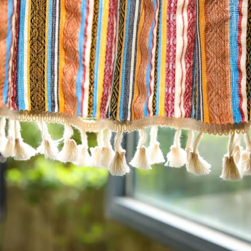 AMDXD Scheibengardine Voile Bistrogardine Ösen Orange Rot Blau, 132x80cm Vertikal Geometrisch Streifen Muster mit Quaste Küchengardine Fenster 1 Teiliges, Baumwolle Leinen Sheer Voile Vorhänge von AMDXD