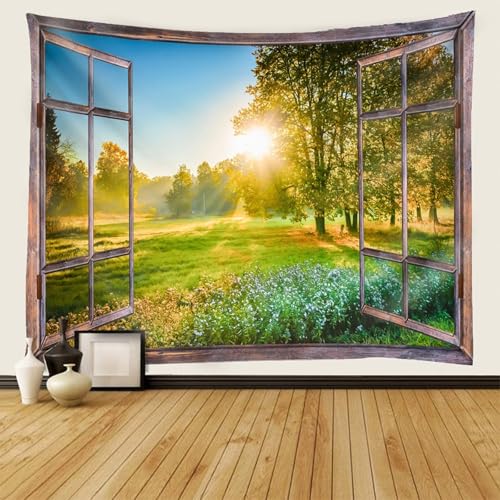 AMDXD Tapisserie Natur Landschaft, Wandteppich Fenster Wiese Baum Wandbehang Polyester Accessoires für Wohnzimmer, Wohndekor, Grün, 150x130cm von AMDXD
