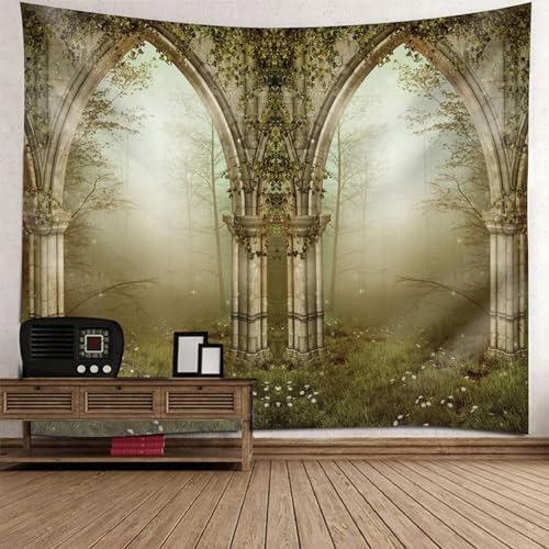 AMDXD Tapisserie Wandbehang, Landschaft Natur Wandteppich Europäisch Architektur Baum Design Muster Wandtuch Grün Beige Polyester, Tapestry für Wohnzimmer Dekor, Schlafzimmer, 350x256cm von AMDXD