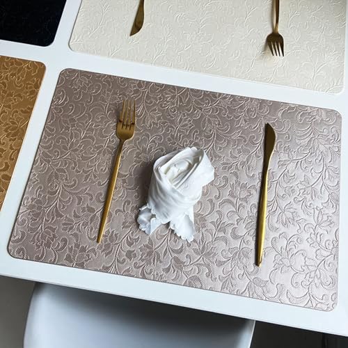 AMDXD Tischsets Platzsets Waschbar Quadratisch 6Pcs Set, PU Leder Platzdeckchen Abwaschbar Vintage Einfarbig Geprägt Blumen Hitzebeständige, Tischuntersetzer Waschbar Champagner, 30x45CM von AMDXD