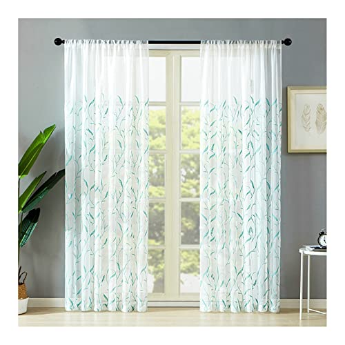 AMDXD Vorhänge für Zimmer Blau, Halbtransparent Wohnzimmer Vorhang Fenster Blätter Gestickt ohne Bohren Eleganter Polyester Gardinen Wohnzimmer Schlafzimmer, 138x86cm(H x B), 2er-Set von AMDXD