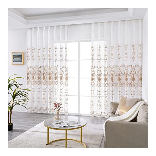 AMDXD Vorhang für Fenster Beige, Halbtransparent Gardinen Wohnzimmer Blumen Gestickt mit Ösen Moderner Wohnstil Polyester Gardinen Schlafzimmer Arbeitszimmer, 244x132cm(H x B), 2er Set von AMDXD