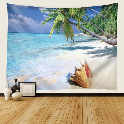 AMDXD Wandbehang Blau Grün, Natur Landschaft Wandteppich Strand Muschel Kokosnussbaum Meer Wandteppiche Polyester Wandtücher für Wohnheim Wanddeko, 300x256cm von AMDXD
