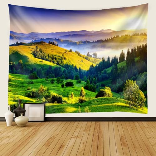 AMDXD Wandtuch, Landschaft Natur Wandteppich Berg Wald Wandteppiche Polyester Wanddekoration für Wohnzimmer Decor, Grün Gelb, 200x200cm von AMDXD