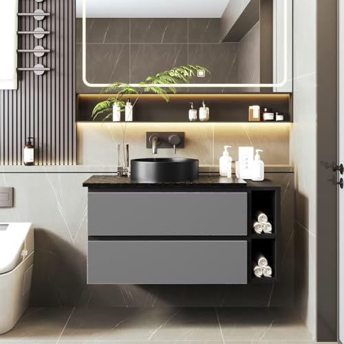 AMDXD Waschbeckenunterschrank, Badunterschrank Hängend 80cm Breit, Unterschrank mit Keramikwaschbecken, Waschtischunterschrank mit Schubladen, Modernes Design, Schwarz Grau von AMDXD