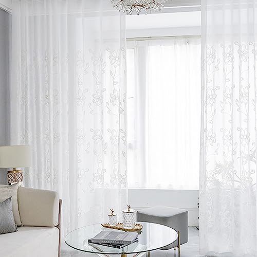 AMDXD Weiß Transparente Gardinen mit Kräuselband, Blumen Muster Halbtransparent Voile Vorhang Voile Polyester, 132x244CM(BxH) von AMDXD