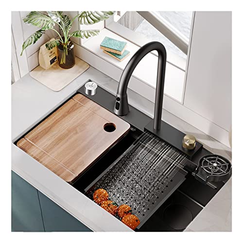 Einbauspüle, Küchenspüle Schwarz, Spüle Edelstahl 304, 68*45cm/75*45cm Nano Raindance Wasserfallspüle Spülbecken Schwarz Kitchen Sink, mit Ausziehbarem ​Wasserhahn Küche Schwarz, Glasspüler ( Color : von AMEERR