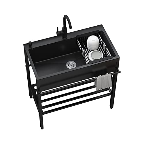 Schwarzes Küchenspülen Ausgussbecken Waschbecken Küche Spüle aus 304 Edelstahl, Freistehend Handwaschbecken, mit Ablaufkorb und heißem und kaltem Wasserhahn für Garage Garten Küche ( Color : Pull fauc von AMEERR