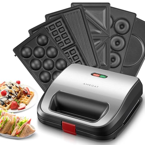 6 in 1 Waffeleisen, Waffle Maker, Multifunktional Sandwichmaker, Kontaktgrill, Panini, süße Küchlein, Antihaftbeschichtete Platten, Doppelseitiges Backen, Automatische Temperaturregelung, 750W von AMEGAT