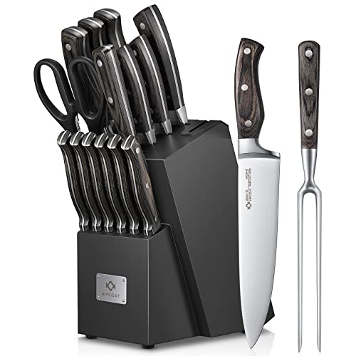 AMEGAT 15-TLG Messerblock Set mit Selbstschärfender Messerblock und Tranchiergabel, Holzgriff im Vollerl-Design und 3-Nieten-Design, Hochwertige Edelstahl Kochmesser Set mit Holzblock von AMEGAT