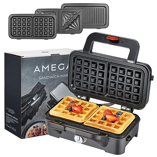 Sandwichmaker 3 in 1, 1200W Waffeleisen Sandwichtoaster Kontaktgrill mit 5-Gang-Temperaturregelung, Antihaftbeschichtung für einfache Reinigung ohne Anbrennen, LED-Leuchten, AMEGAT von AMEGAT