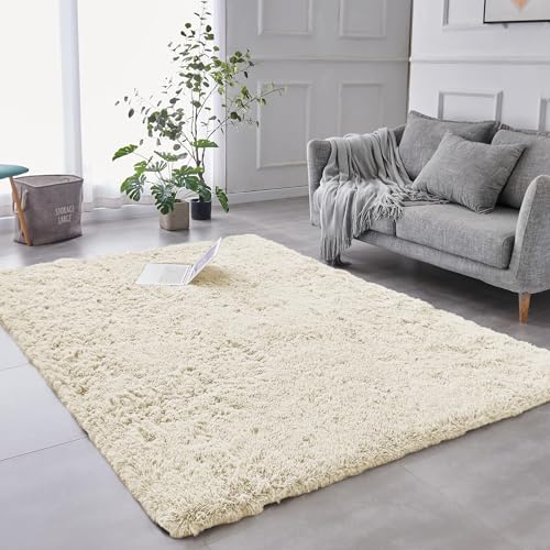 AMEHA Super Weicher Flauschiger Shaggy Teppich - Moderner Teppich in Creme für Wohnzimmer und Schlafzimmer, rutschfest, Shaggy Flor und fusselfrei, leicht abwaschbar (Creme, 50x80 cm) von AMEHA