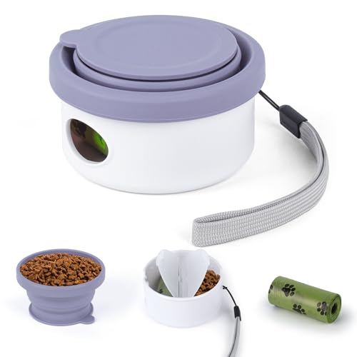 3-in-1 faltbares Reise-Haustiernapf-Set, tragbarer Futterbehälter mit Wassernapf und Kotbeuteln für kleine und mittelgroße Hunde, Violett von AMEITECH