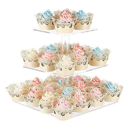 AMEITECH Cupcake-Ständer mit Sockel, 3-stöckig, quadratisch, Acryl, Cupcake-Ständer, Dessertturm, Gebäckständer, Premium-Cupcake-Halter für Hochzeit, Geburtstag, Mottoparty, transparent von AMEITECH