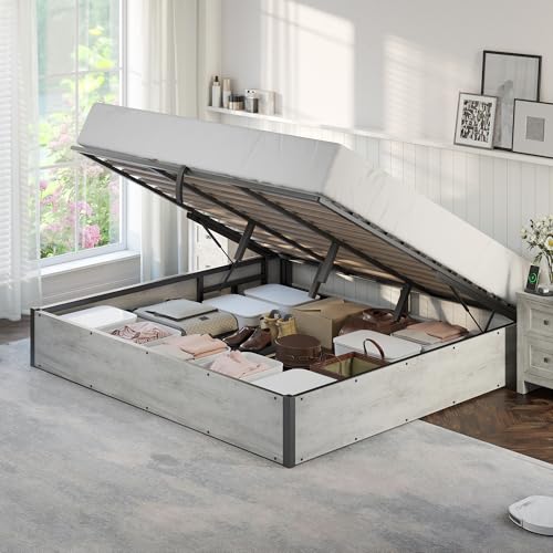 AMERLIFE Hochklappbares Bett, Kingsize-Bettgestell mit Stauraum darunter, Holzplattform-Bettgestell, Massivholzlattenstütze, kein festes Kopfteil, kein Boxspringbett erforderlich, weiße Eiche AMERLIFE Hochklappbares Bett, Kingsize-Bettgestell mit Stauraum darunter, Holzplattform-Bettgestell, Massivholzlattenstütze, kein festes Kopfteil, kein Boxspringbett erforderlich, weiße Eiche von AMERLIFE