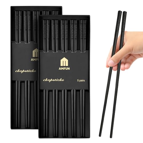 AMFUN 10 Paar Fiberglas-Essstäbchen, Japanische Chopsticks Wiederverwendbare, Legierung Schwarze Essstäbchen, Rutschfeste Essstäbchen Set, Spülmaschinenfest von AMFUN