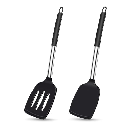 AMFUN 2 Stück Pfannenwender Silikon, Hitzebeständig Silikon Küchenhelfer Spatel BPA Frei mit Edelstahlgriff, für Fisch, Eier, Pfannkuchen, Schwarz AMFUN 2 Stück Pfannenwender Silikon, Hitzebeständig Silikon Küchenhelfer Spatel BPA Frei mit Edelstahlgriff, für Fisch, Eier, Pfannkuchen, Schwarz von AMFUN