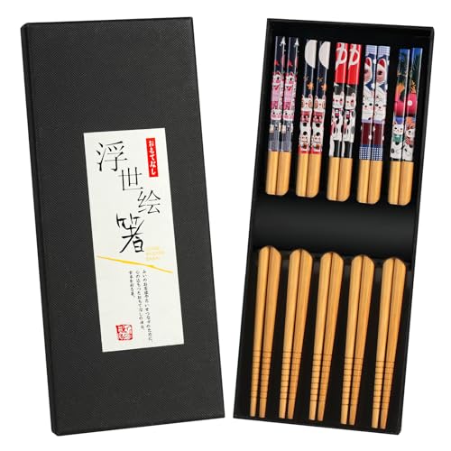AMFUN 5 Paar Stäbchen Japanisch Chopsticks, Bambus Essstäbchen Wiederverwendbare, Essstäbchen Geschenkset, Essstäbchen Spülmaschinenfest von AMFUN