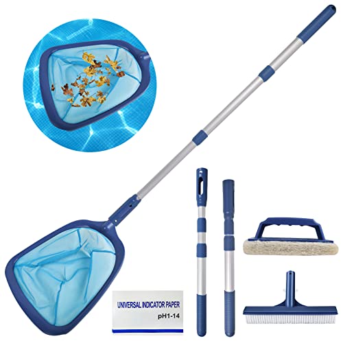 AMFUN Pool Reinigungsset, Pool Zubehör Set, Schwimmbecken-Skimmernetz mit Verstellbarer 35-Zoll-Aluminium-Teleskopstange, Schrubberbürste, Schwammbürste, PH-Testpapier, für Pool und Teichreinigung von AMFUN