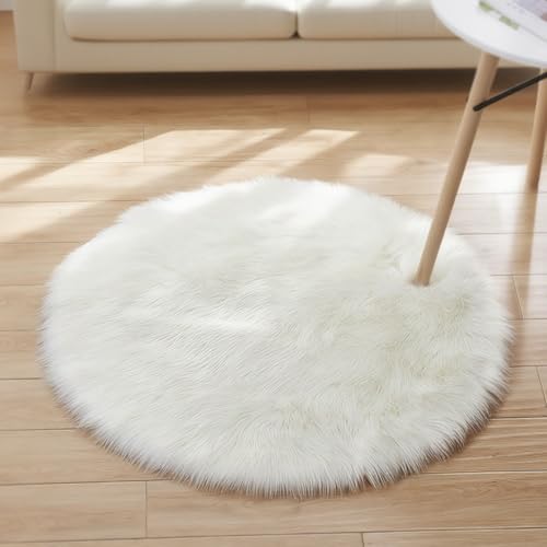 AMFUN Runder Kunstfell Teppich, Faux Lammfell Schaffell Teppich, Super Flauschiger und Weicher, Teppiche Rund für Schlafzimmer, Wohnzimmer, Lounge (Rund, weiß, 45 x 45 cm) von AMFUN